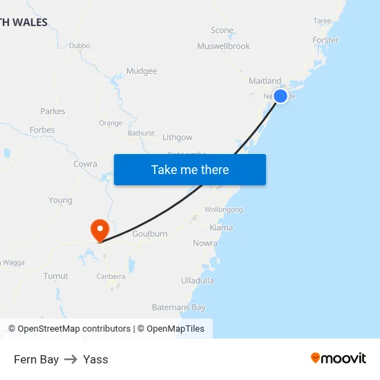Fern Bay to Yass map