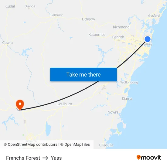 Frenchs Forest to Yass map