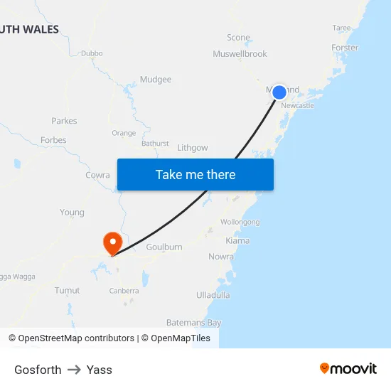 Gosforth to Yass map