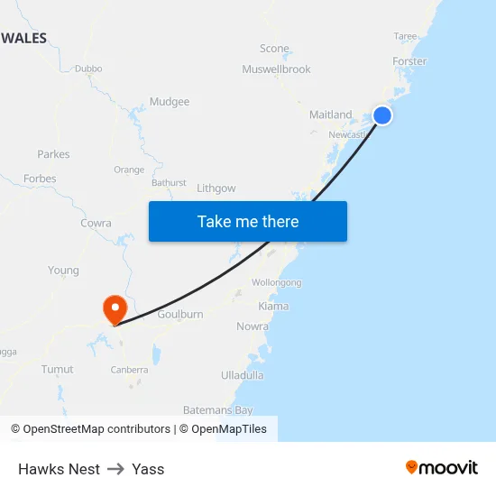 Hawks Nest to Yass map