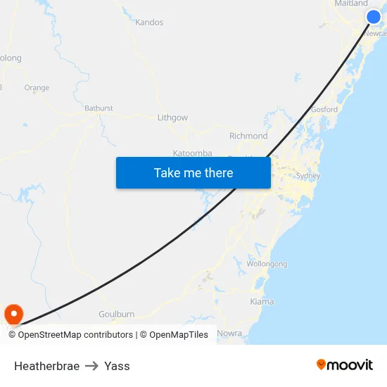 Heatherbrae to Yass map