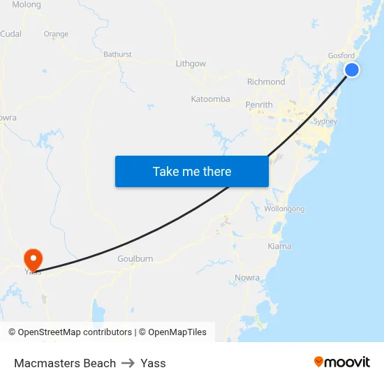 Macmasters Beach to Yass map