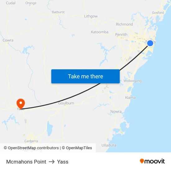 Mcmahons Point to Yass map
