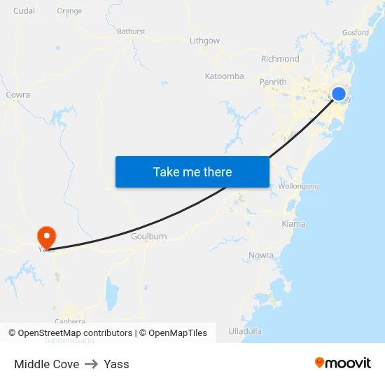 Middle Cove to Yass map
