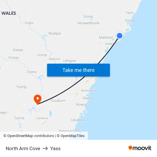 North Arm Cove to Yass map