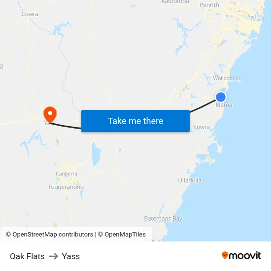 Oak Flats to Yass map