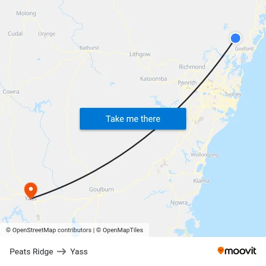 Peats Ridge to Yass map