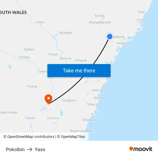 Pokolbin to Yass map