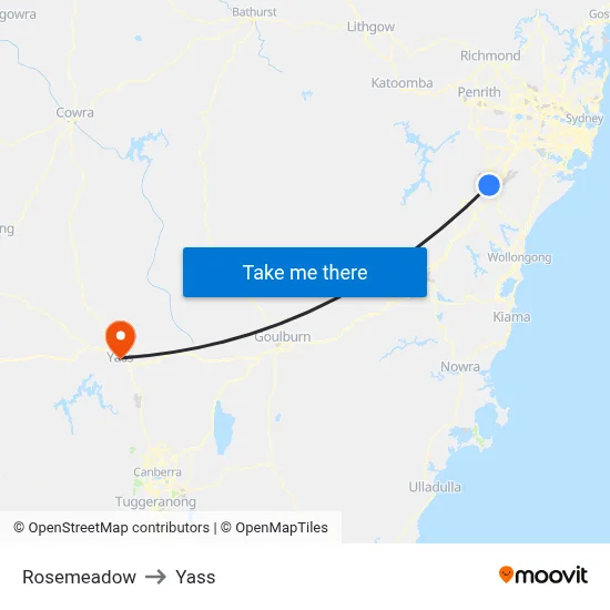 Rosemeadow to Yass map