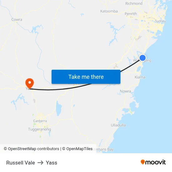 Russell Vale to Yass map