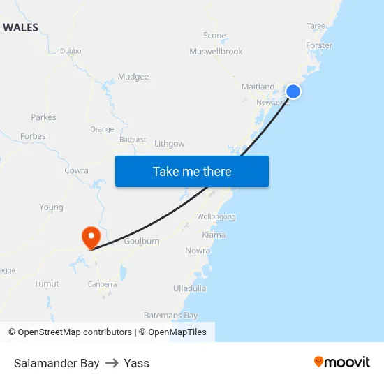 Salamander Bay to Yass map