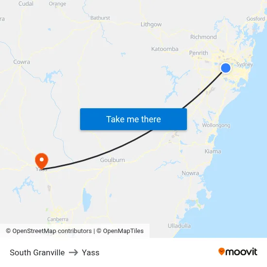 South Granville to Yass map