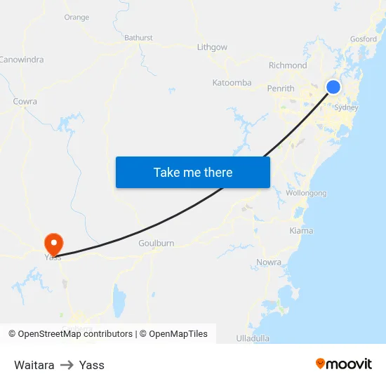 Waitara to Yass map