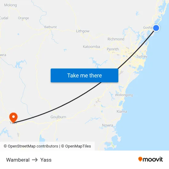 Wamberal to Yass map