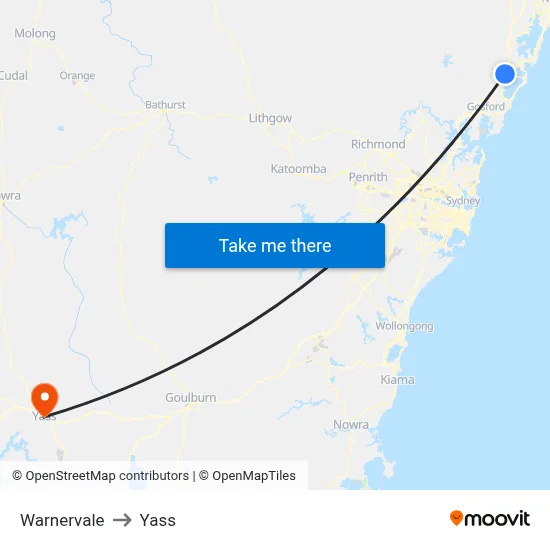 Warnervale to Yass map