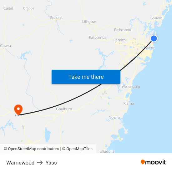 Warriewood to Yass map