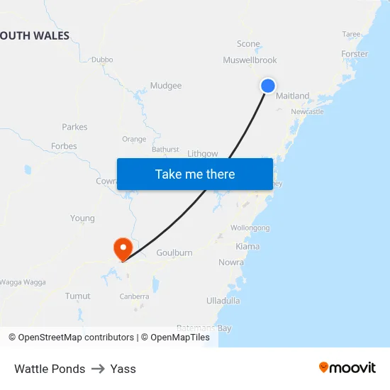 Wattle Ponds to Yass map