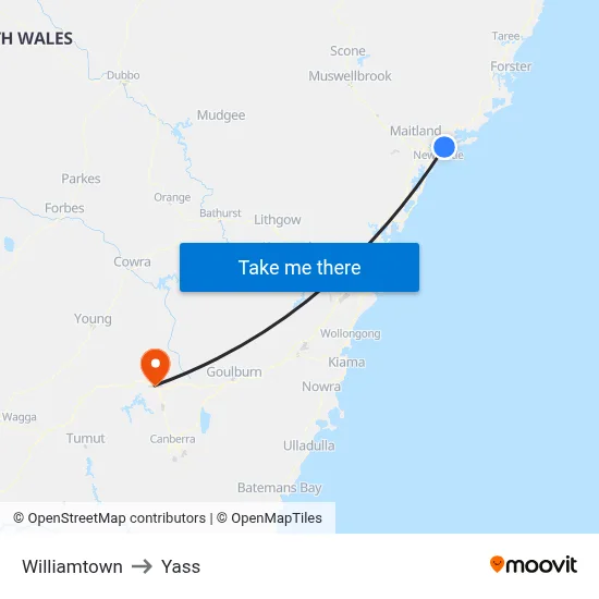Williamtown to Yass map