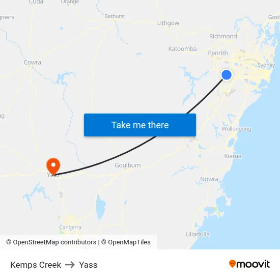 Kemps Creek to Yass map