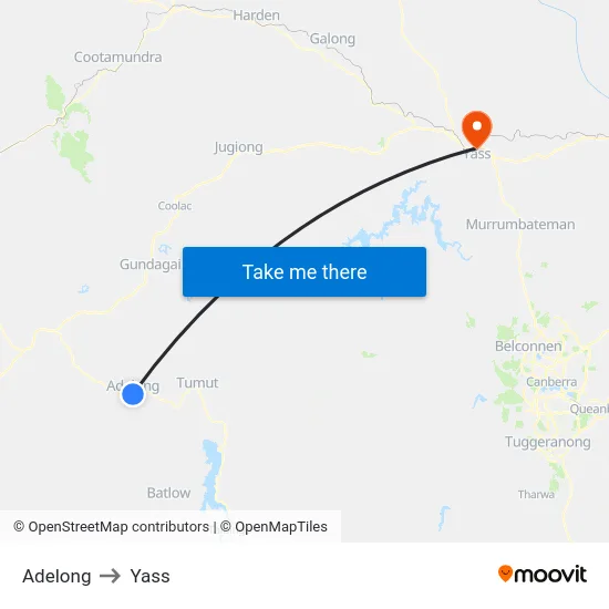 Adelong to Yass map