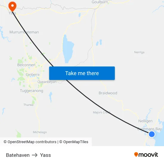 Batehaven to Yass map