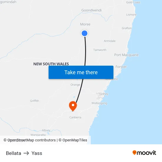 Bellata to Yass map
