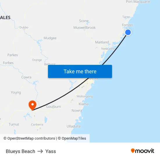 Blueys Beach to Yass map