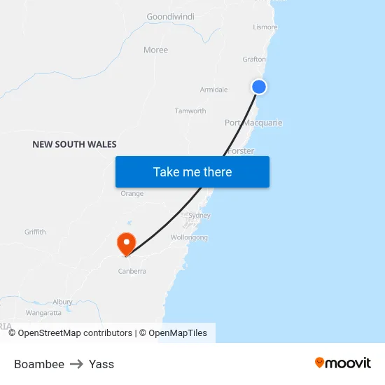 Boambee to Yass map
