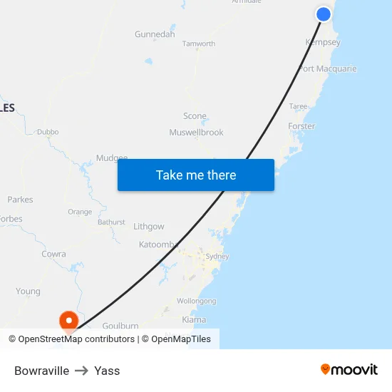 Bowraville to Yass map