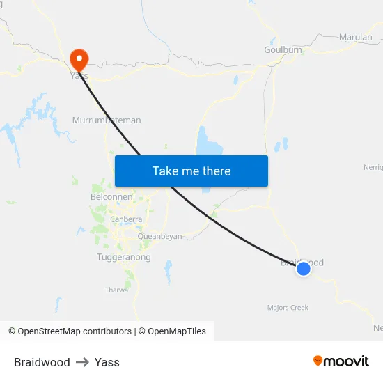 Braidwood to Yass map