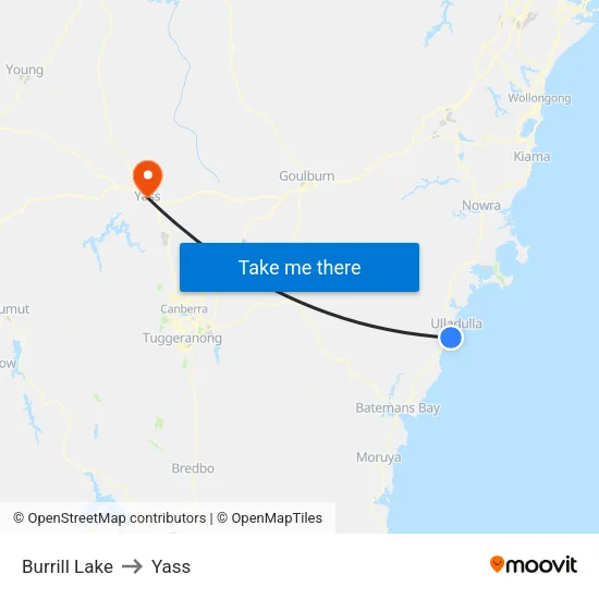 Burrill Lake to Yass map