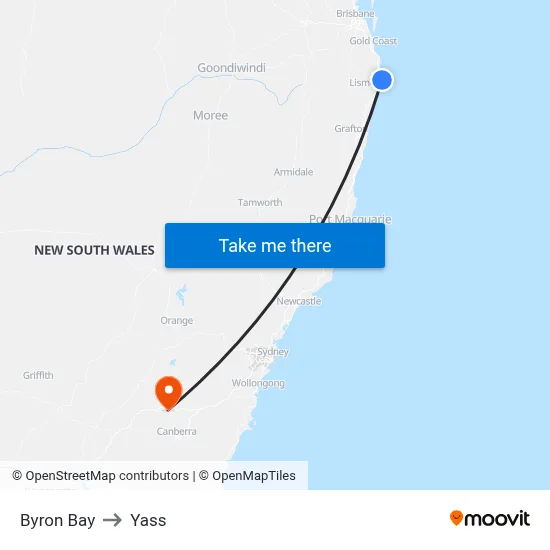 Byron Bay to Yass map