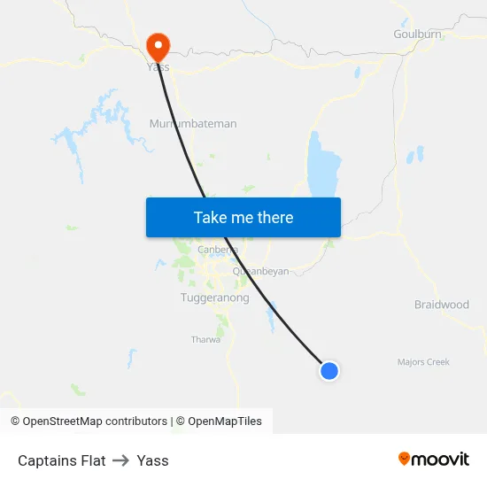 Captains Flat to Yass map