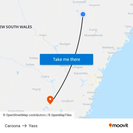 Caroona to Yass map