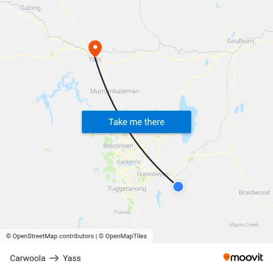 Carwoola to Yass map