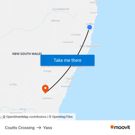 Coutts Crossing to Yass map