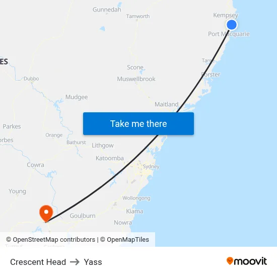 Crescent Head to Yass map
