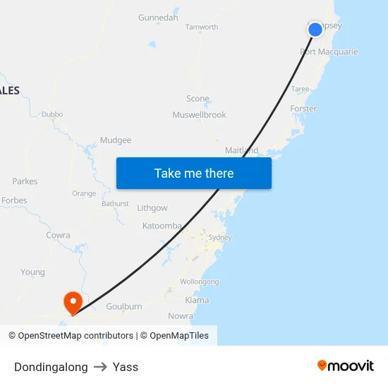 Dondingalong to Yass map