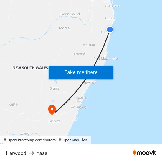 Harwood to Yass map