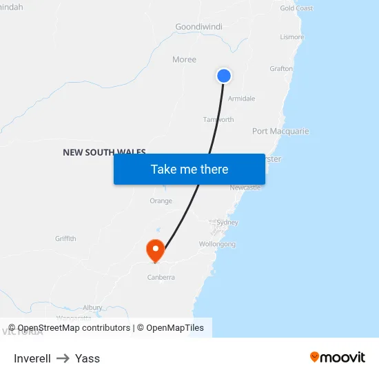 Inverell to Yass map