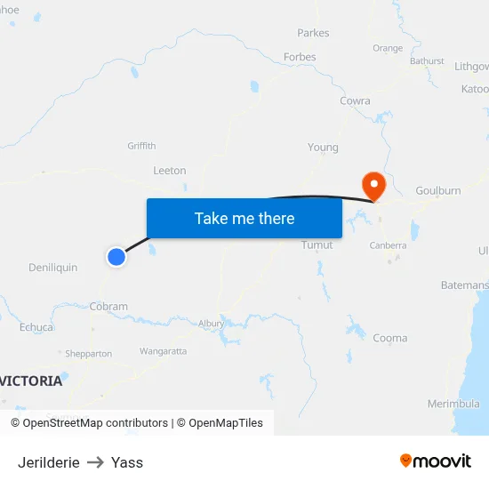 Jerilderie to Yass map