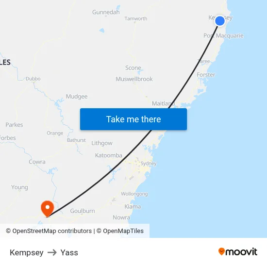 Kempsey to Yass map