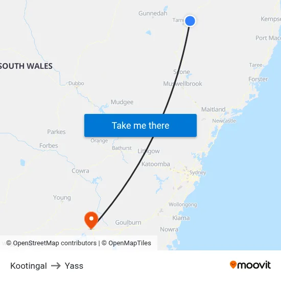 Kootingal to Yass map