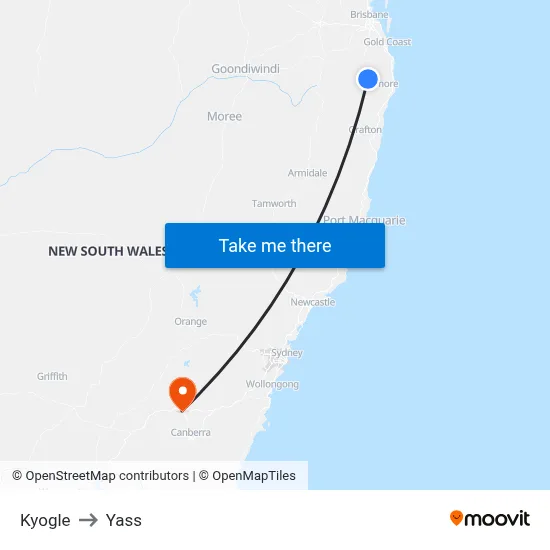Kyogle to Yass map