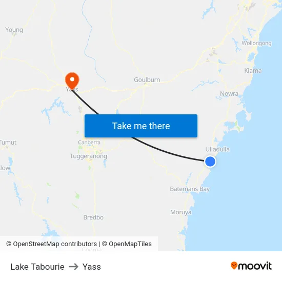 Lake Tabourie to Yass map