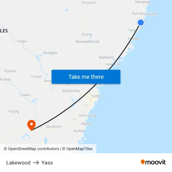 Lakewood to Yass map