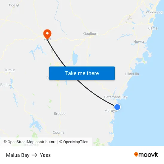 Malua Bay to Yass map