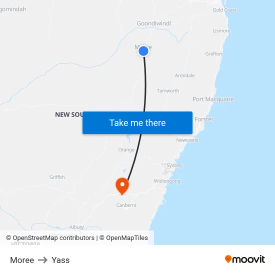 Moree to Yass map