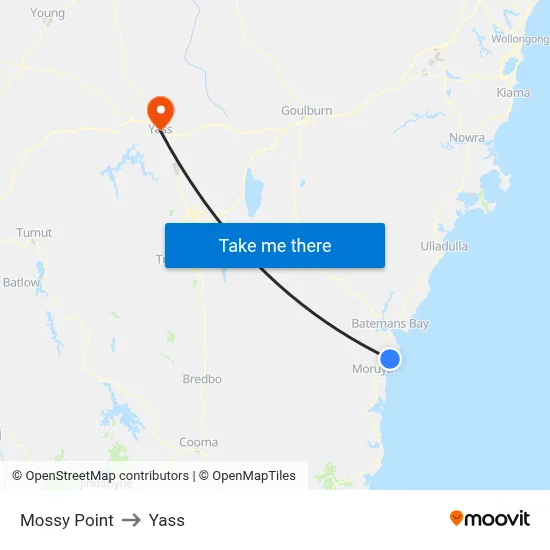 Mossy Point to Yass map