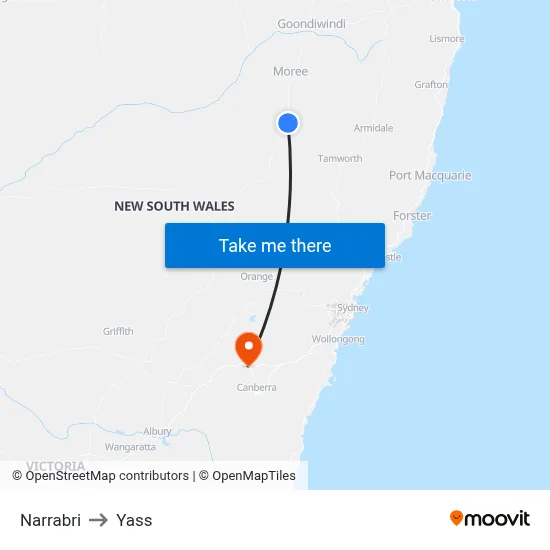 Narrabri to Yass map